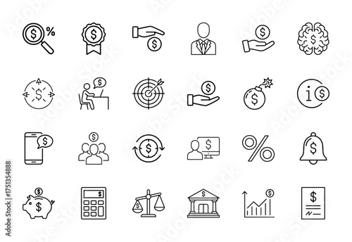 Finance and business line icon set. Vector pictograms of money, investment, savings, strategy, banking, profit, and calculation, thin linear illustration.