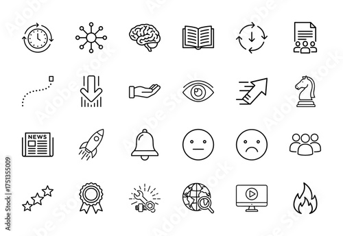 General business line icon set. Vector pictograms of clock, brain, book, hand, eye, rocket, bell, group, globe, monitor, fire, thin linear illustration.
