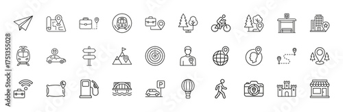 Travel and navigation line icon set. Vector pictograms of paper plane, map, train, car, hotel, globe, route, mountain, bus stop, gas station, camera, castle, thin linear illustration.