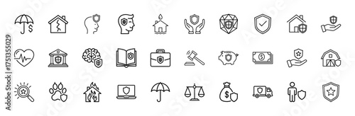 Insurance and protection line icon set. Vector pictograms of umbrella, house, shield, heart, brain, money, scales, car, laptop, and pet, thin linear illustration.