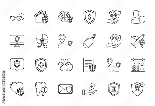 Insurance line icon set. Vector pictograms of home, brain, dollar, diamond, person, monitor, stroller, paw print, airplane, document, calendar, heart, tooth, hourglass, thin linear illustration.