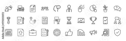 Business and corporate line icon set. Vector pictograms of user analytics, office desk, documents, communication, financial reports, laptop, trophy, and security shield, thin linear illustration.