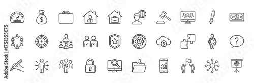 Business management line icon set. Vector pictograms of speedometer, money bag, briefcase, remote worker, gavel, collaboration, target, security, and digital assets, thin linear illustration.