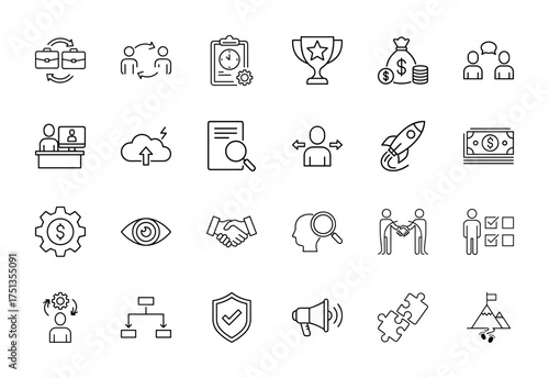 Business and finance line icon set. Vector pictograms of networking, task management, money, communication, cloud, startup, operations, handshake, research, and strategy, thin linear illustration.