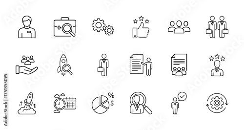 Business management and startup line icon set. Vector pictograms of users, recruitment, teamwork, growth, finance, and schedules, thin linear illustration.