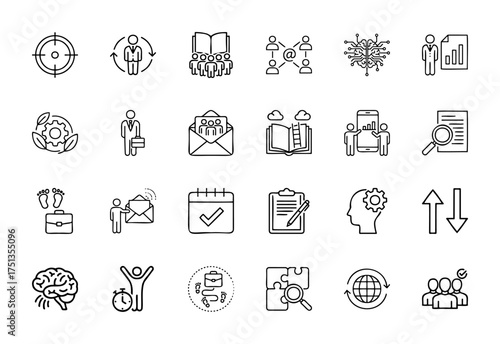 Business line icon set. Vector pictograms of target, teamwork, strategy, innovation, data analysis, career development, planning, global communication, thin linear illustration.