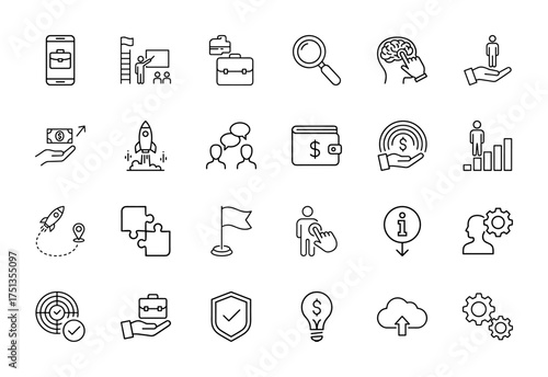 Business development line icon set. Vector pictograms of rocket, briefcase, wallet, chart, brain, target, flag, shield, lightbulb, gears, thin linear illustration.