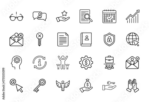 Business and communication line icon set. Vector pictograms of glasses, chat, star, document, calendar, chart, email, key, security, globe, money, thin linear illustration.