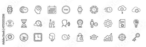 Time and productivity line icon set. Vector pictograms of smartwatches, global clocks, hourglasses, calendars, gears, and bar charts, thin linear illustration.