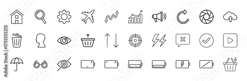 General interface line icon set. Vector pictograms of home, search, settings, airplane, chart, cloud, trash, profile, basket, target, battery, checkmark, thin linear illustration.