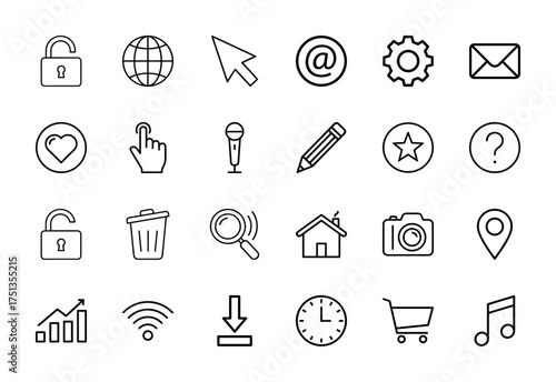 Universal interface line icon set. Vector pictograms of lock, globe, cursor, mail, gear, heart, microphone, pencil, house, camera, cart, chart, wifi, music, thin linear illustration.