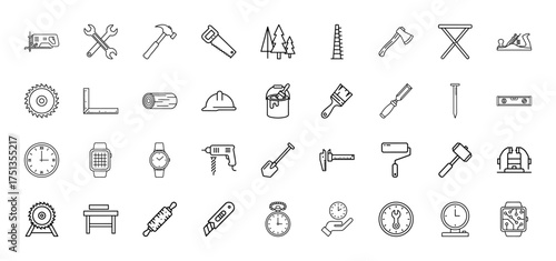 Craftsmanship and tools line icon set. Vector pictograms of saws, hammers, wrenches, drills, axes, hard hats, levels, and watches, thin linear illustration.