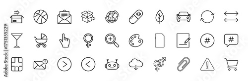 Universal line icon set. Vector pictograms of shipping box, basketball, envelope, globe, pill, car, baby stroller, pointer, and shopping cart, thin linear illustration.