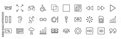 Web and mobile interface line icon set. Vector pictograms of gamepad, accessibility, media controls, SIM card, money, gear, HD, 3D, and charts, thin linear illustration.