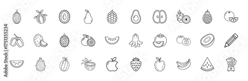 Healthy food and produce line icon set. Vector pictograms of watermelon, pear, avocado, orange, apple, banana, and blender, thin linear illustration.