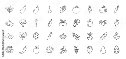 Food and produce line icon set. Vector pictograms of carrot, tomato, broccoli, apple, banana, avocado, corn, pumpkin, pear, onion, thin linear illustration.