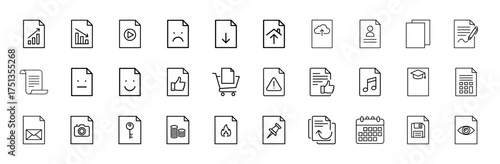 Files and documents line icon set. Vector pictograms of analytics, media, emotions, download, upload, cloud, profile, shopping, music, calendar, and money, thin linear illustration.