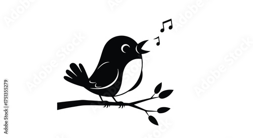 Joyful black bird perched on a branch, singing a melody with musical notes floating.