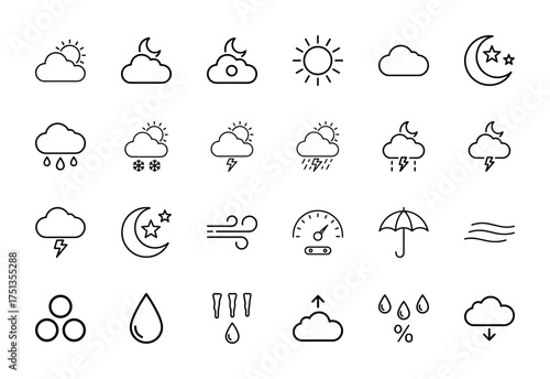 Weather line icon set. Vector pictograms of sun, moon, stars, clouds, rain, snow, lightning, wind, barometer, umbrella, hail, humidity, thin linear illustration.