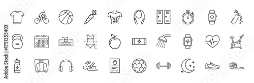 Fitness and wellness line icon set. Vector pictograms of exercise, diet, sport, and health elements including gym equipment, food, and lifestyle items, thin linear illustration.