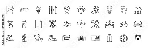 Travel and tourism line icon set. Vector pictograms of map, sunglasses, skis, balloon, tent, castle, bike, beach, hiker, camera, luggage, compass, thin linear illustration.