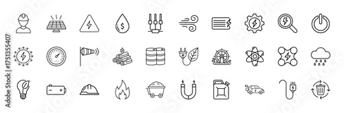 Energy and power line icon set. Vector pictograms of solar, wind, oil, electric car, battery, atom, engineer, and recycling, thin linear illustration.