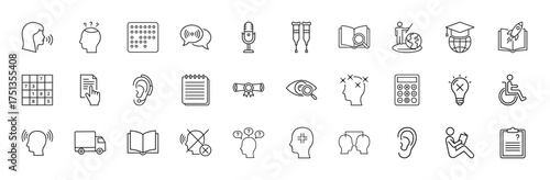 Human abilities and learning line icon set. Vector pictograms of speaking, thinking, braille, microphone, crutches, education, vision, hearing, calculator, and reading, thin linear illustration.