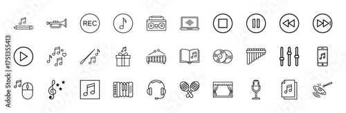 Music and audio line icon set. Vector pictograms of musical instruments, sound production, player controls, and recording devices, thin linear illustration.