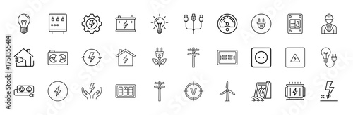 Electricity and energy line icon set. Vector pictograms of light bulb, battery, plug, switch, engineer, power pole, wind turbine, dam, transformer, and warning sign, thin linear illustration.