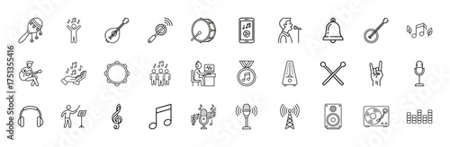 Music line icon set. Vector pictograms of maraca, drum, guitar, microphone, headphones, turntable, metronome, conductor, musical notes, speaker, equalizer, banjo, mandolin, thin linear illustration.