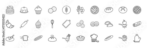 Bakery and pastry line icon set. Vector pictograms of cake, cupcake, bread, cookies, pie, pizza, croissant, chef hat, and kitchen tools, thin linear illustration.