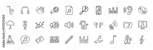 Music and audio line icon set. Vector pictograms of instruments, sound devices, performance equipment, and recording tools, thin linear illustration.