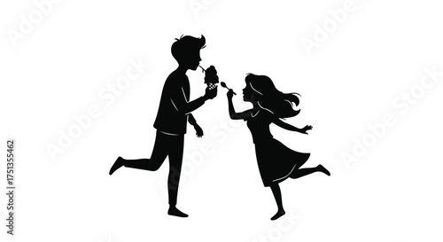 Joyful couple sharing an ice cream cone on a bright sunny day, celebrating a sweet moment together.