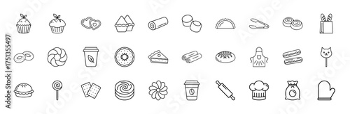 Bakery line icon set. Vector pictograms of muffins, donuts, croissants, bread, pie, cookies, coffee cups, chef hat, and kitchen utensils, thin linear illustration.