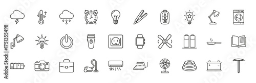 Household and smart device line icon set. Vector pictograms of washing machines, air conditioners, lightbulbs, smartwatches, cameras, batteries, and remotes, thin linear illustration.