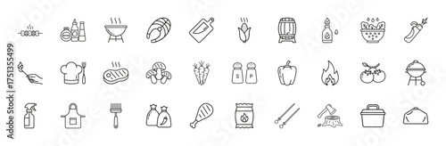Barbecue and grilling line icon set. Vector pictograms of outdoor grill, chef hat, steak, salmon, vegetables, sauces, charcoal, basting brush, skewers, and cooking tools, thin linear illustration.