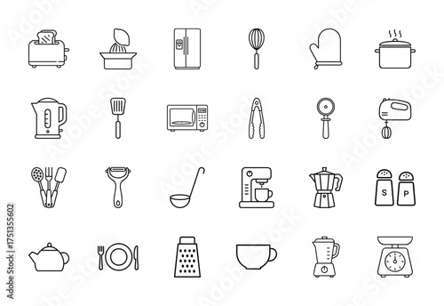 Kitchenware line icon set. Vector pictograms of toaster, juicer, refrigerator, whisk, kettle, microwave, coffee maker, blender, and kitchen scale, thin linear illustration.