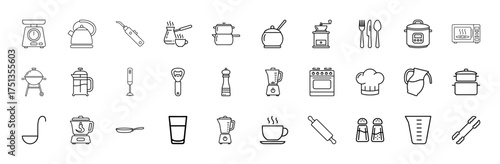 Kitchenware and cooking line icon set. Vector pictograms of appliances, utensils, pots, pans, coffee tools, and food preparation items, thin linear illustration.