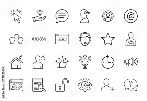 User interface and web line icon set. Vector pictograms of cursor, wifi, chat, browser, headset, thumbs up, calendar, megaphone, padlock, thin linear illustration.