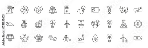Environmental sustainability line icon set. Vector pictograms of electric vehicle chargers, solar panels, wind turbines, eco-cars, water power, plants, and recycling, thin linear illustration.