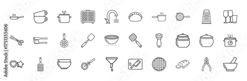 Kitchen and cooking line icon set. Vector pictograms of frying pan, cups, pot, waffle maker, tap, dumpling, grater, glasses, scissors, garlic press, spatula, cutting board, thin linear illustration.