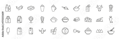 Dairy and milk products line icon set. Vector pictograms of bottles, cartons, butter, cheese, milkshake, ice cream, yogurt, cow, and kitchen tools, thin linear illustration.