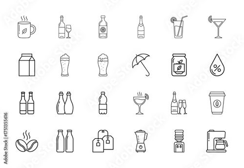 Beverage and drink line icon set. Vector pictograms of hot drinks, alcohol, juices, milk, water, beer, cocktails, coffee beans, tea bags, and kitchen appliances, thin linear illustration.