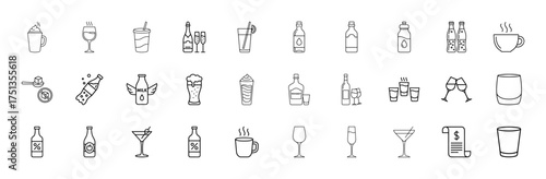 Beverage line icon set. Vector pictograms of coffee, wine, champagne, cocktails, beer, juice, milk, soda, water, glasses, bottles, thin linear illustration.