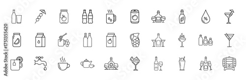 Drinks and beverages line icon set. Vector pictograms of bottles, glasses, juice, milk, coffee, tea, cocktails, wine, beer, honey, water, liquor, thin linear illustration.
