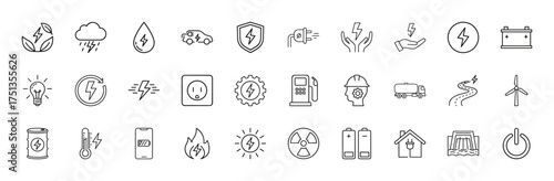 Energy line icon set. Vector pictograms of leaves, electric car, plug, gas pump, wind turbine, solar, house, dam, and batteries, thin linear illustration.