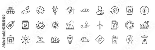 Sustainability line icon set. Vector pictograms of solar panels, eco cars, wind turbines, recycle bins, water drops, green energy plug, and planting sprout, thin linear illustration.