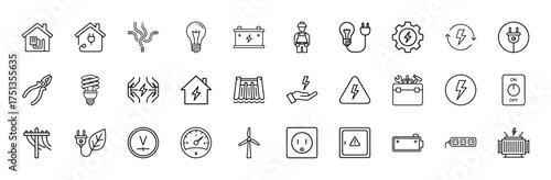 Electricity and energy line icon set. Vector pictograms of houses, light bulbs, batteries, plugs, tools, dam, turbine, wires, meters, transformer, thin linear illustration.