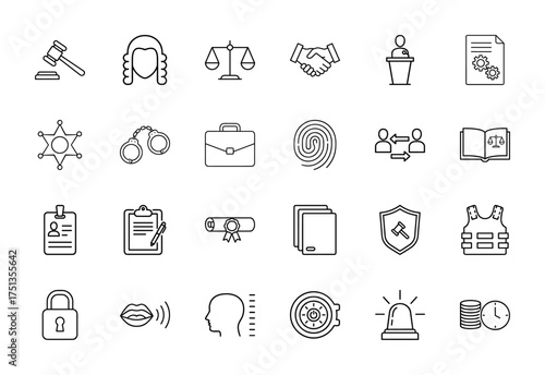 Law and justice outline icon set. Vector pictograms of gavel, scales, handcuffs, wig, fingerprint, ID card, shield, safe, and security vest, thin linear illustration.