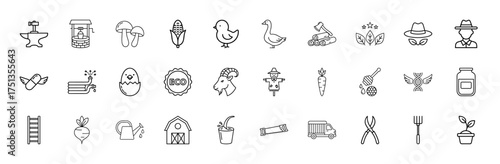 Agriculture line icon set. Vector pictograms of anvil, well, corn, goose, farmer, hose, goat, scarecrow, carrot, honey, barn, truck, pitchfork, plant, thin linear illustration.
